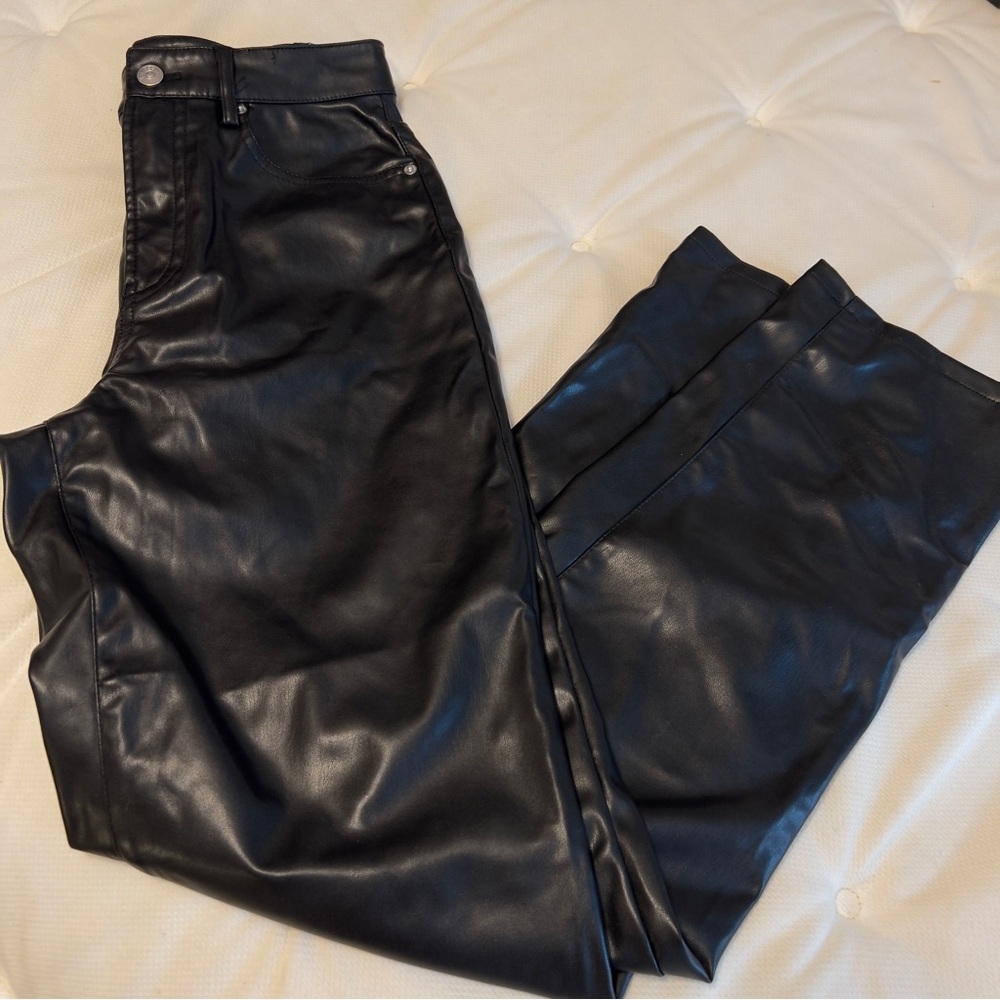 Black Leather Women High Rise Straight Pants